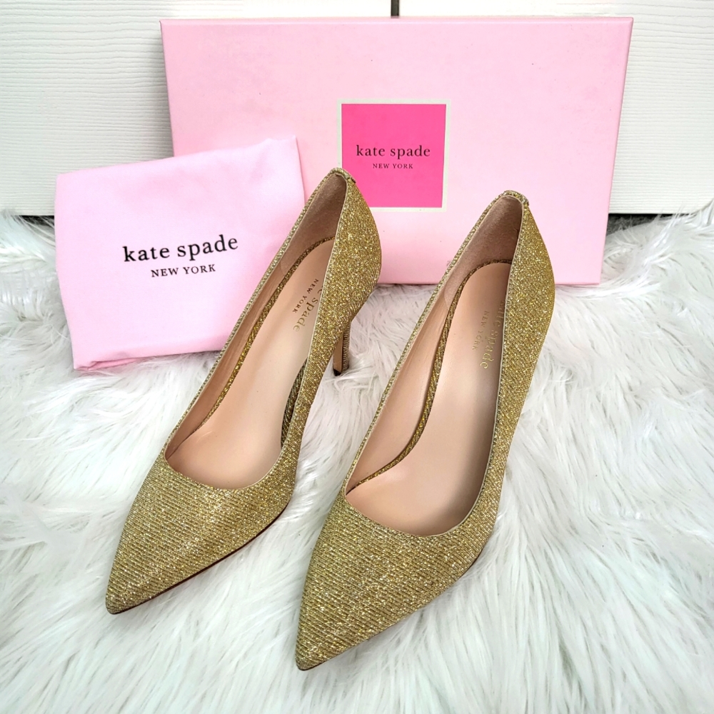 NWB KATE SPADE Valerie Gold Glitter Leather Heel Pump Shoes Size 7B K0255